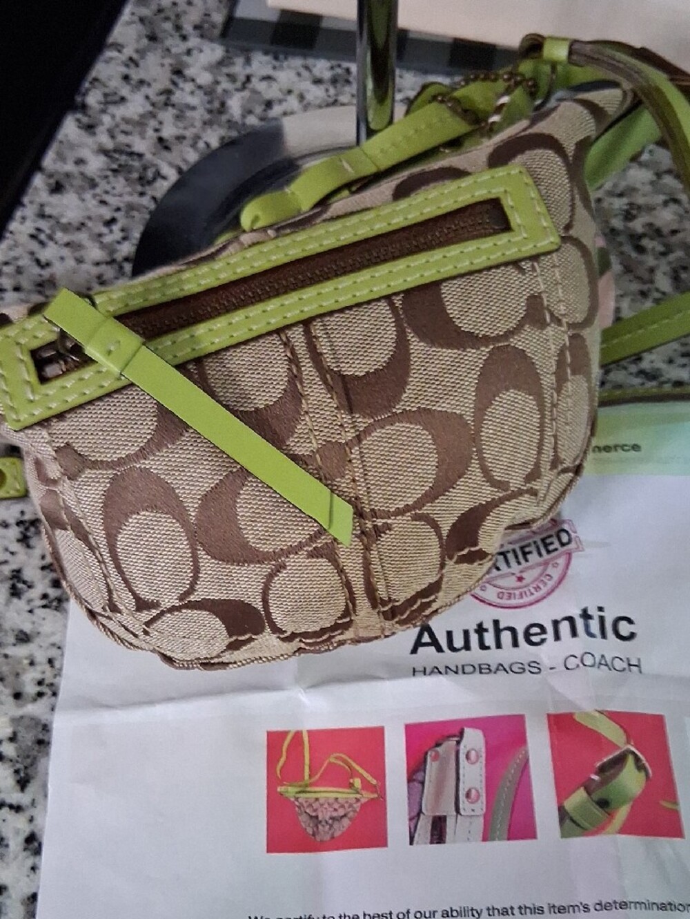 Coach VINTAGE Tan Signature Canvas Swingback Bag with Lime Trim EUC - Picture 7 of 13